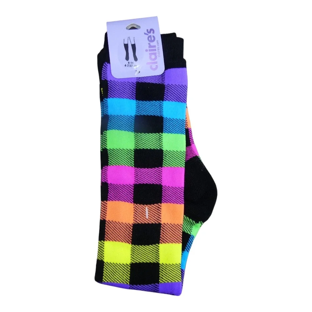 Claire's Knee High Socks Girls 9-11 Rainbow NWT Neon Buffalo Plaid Checkered